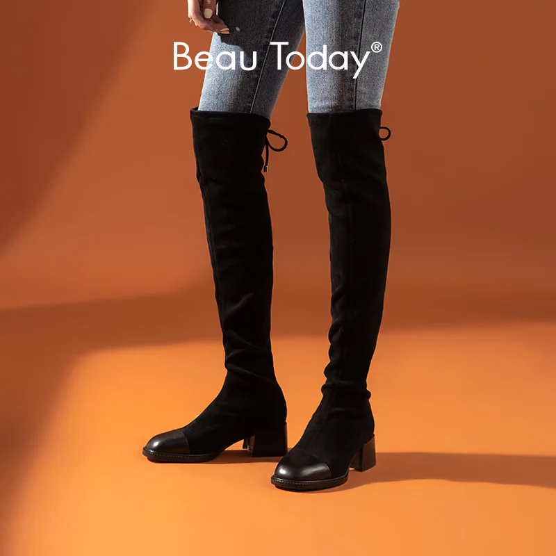 BeauToday/женские высокие сапоги выше колена Зимние женские из телячьей кожи и