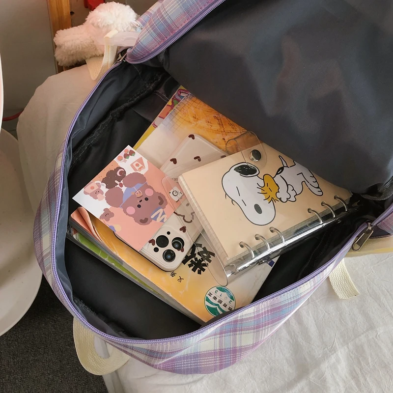 

Plaid Backpack for Women High Quality Nylon School Bags Teenagers Girls Pendant Backpacks Large Capacity Rucksack Female Mochila