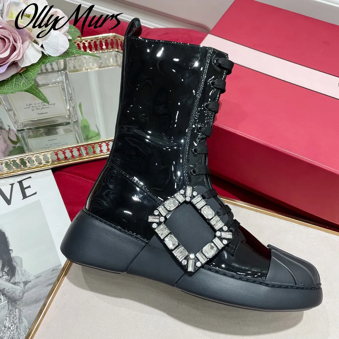 Ollymurs Shoes Women Winter Crystal Square Button Platform Ankle Boots Leather Lace-up Mid-Calf Designer Shoes ZIP