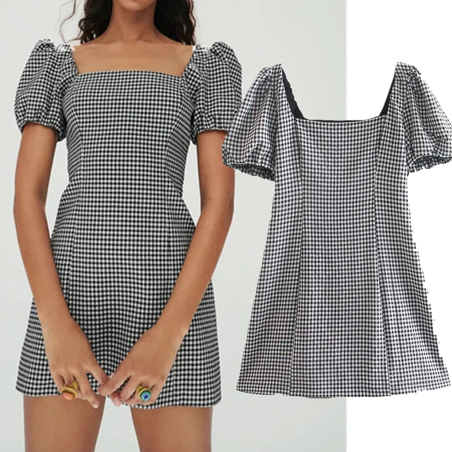 

Dave&Di Summer PartyEnlgand Style Fashion High Street Vintage Square Collar Plaid Sexy Mini Dress Women Vestidos