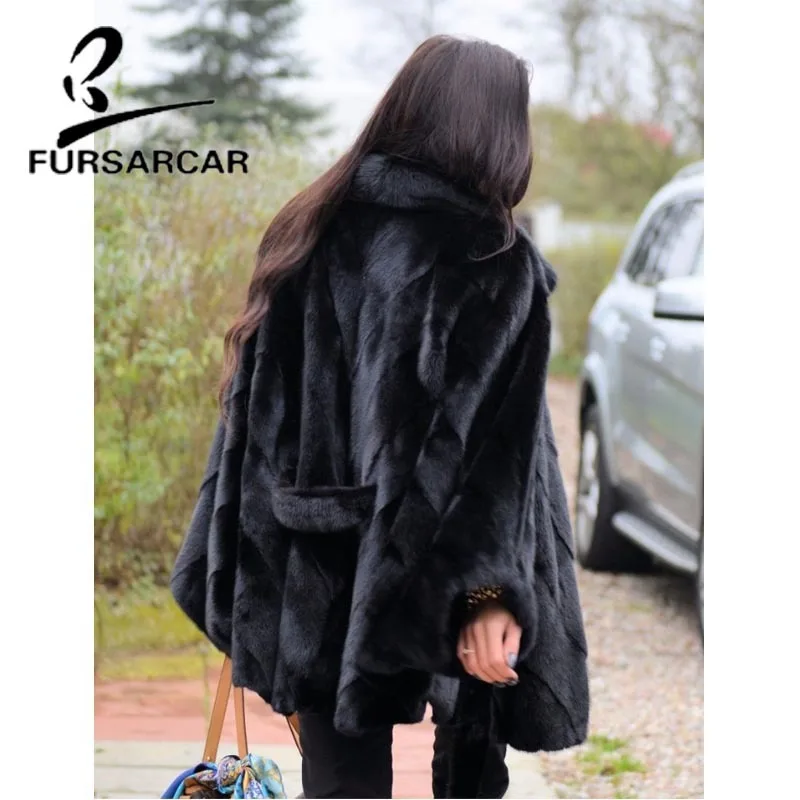 FURSARCAR природный натуральный мех пальто Женская цельная модная норка шуба Черная Стильная роскошная женская Норковая Шуба с рукавами «летучая мышь»
