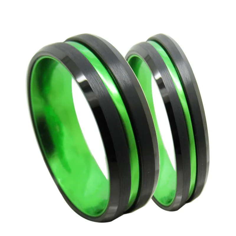 

Обручальные кольца мужские, 6/8 мм, с зеленым покрытием, черного цвета, из карбида вольфрама, с рифленым центром, матовые, размер 5-14