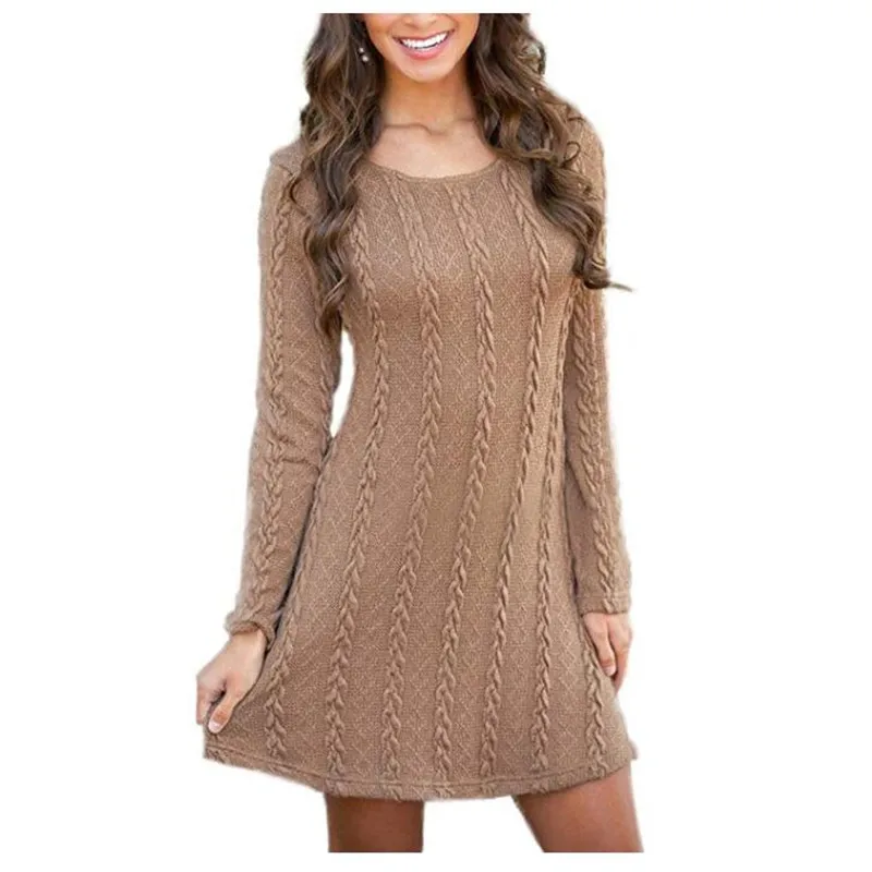 Женское зимнее модное трикотажное платье-свитер с длинными рукавами и круглым
