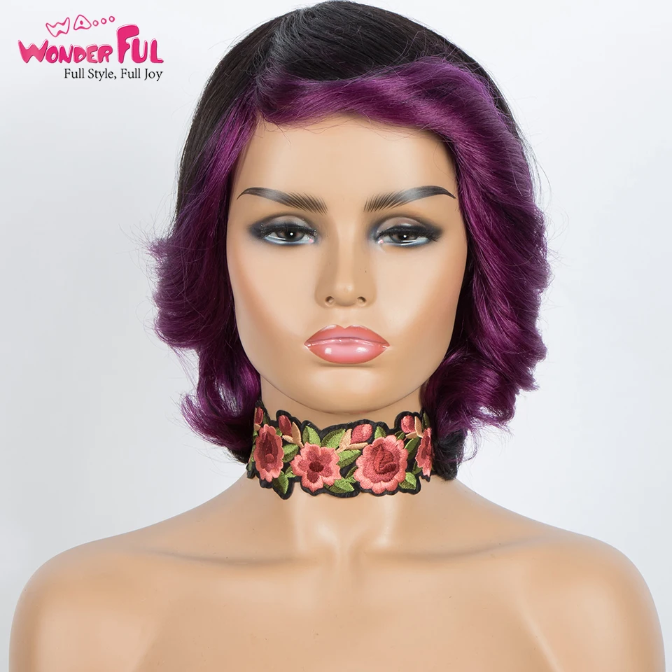 

Wonderful Fashion Roman Curly Wig Daily Human Hair Wigs For Women Full Machine Made Wig Ombre Color Purple Cheap 150% Density