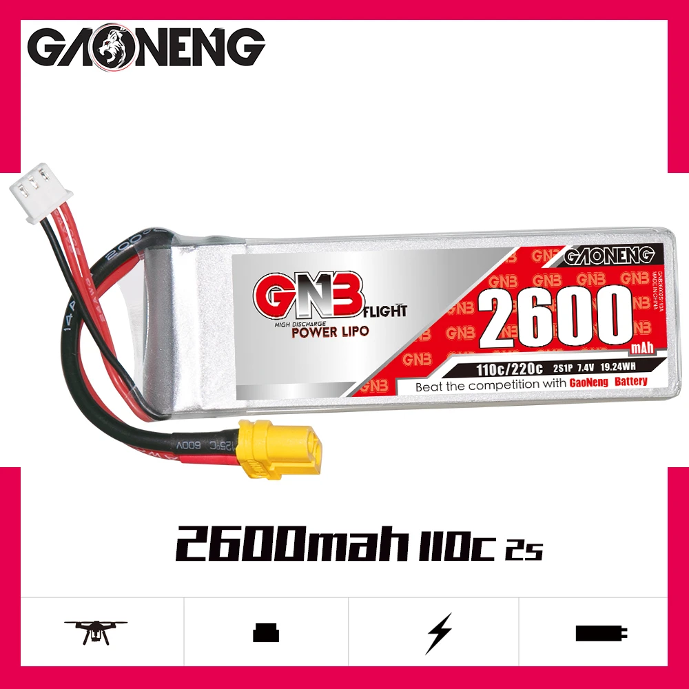 

GAONENG GNB 2600mAh 2S1P 7.4V 110C/220C Lipo Battery With XT60 Plug For RC Helicopter Airplane FPV Racing Drone Parts