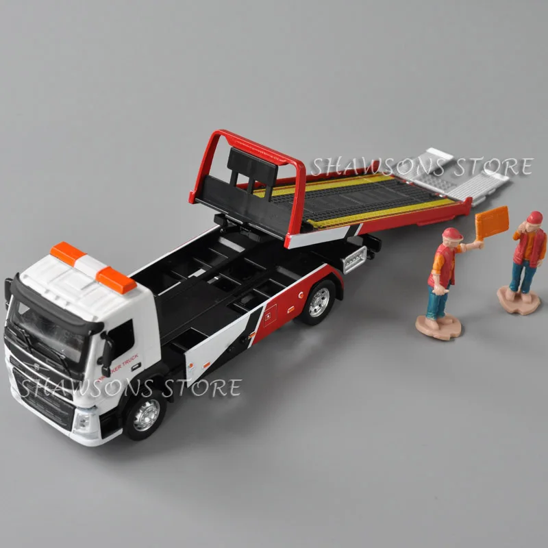 Camión plano de Metal fundido a presión a escala 1:50, modelo de remolque de rescate de tráfico, réplica en miniatura de juguetes con sonido y luz