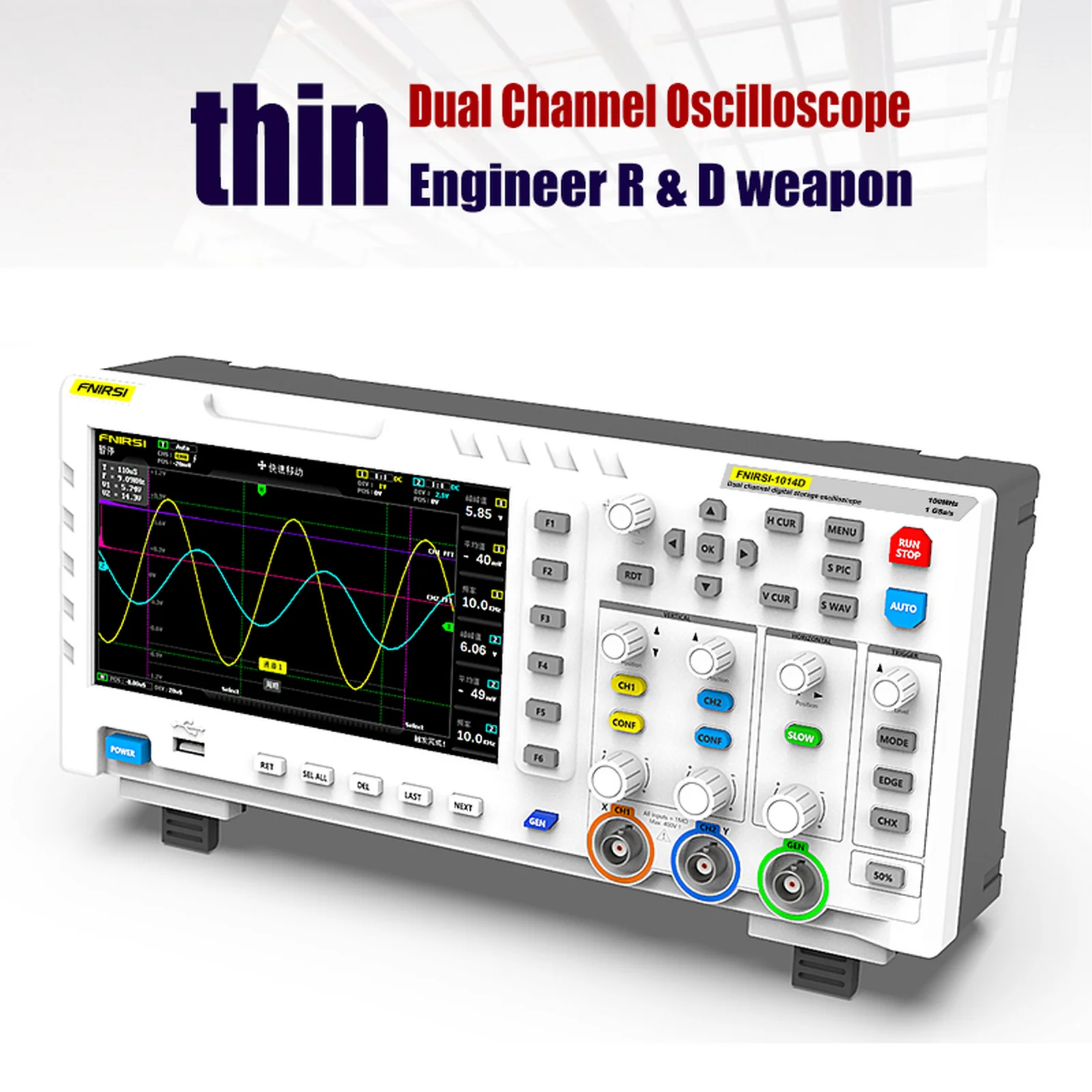 

FNIRSI-1014D 7 In TFT LCD Digital Oscilloscope 100MHz* 2 2 in 1 Dual Channel Input Signal Generator Desktop Oscilloscope 1GSa/s