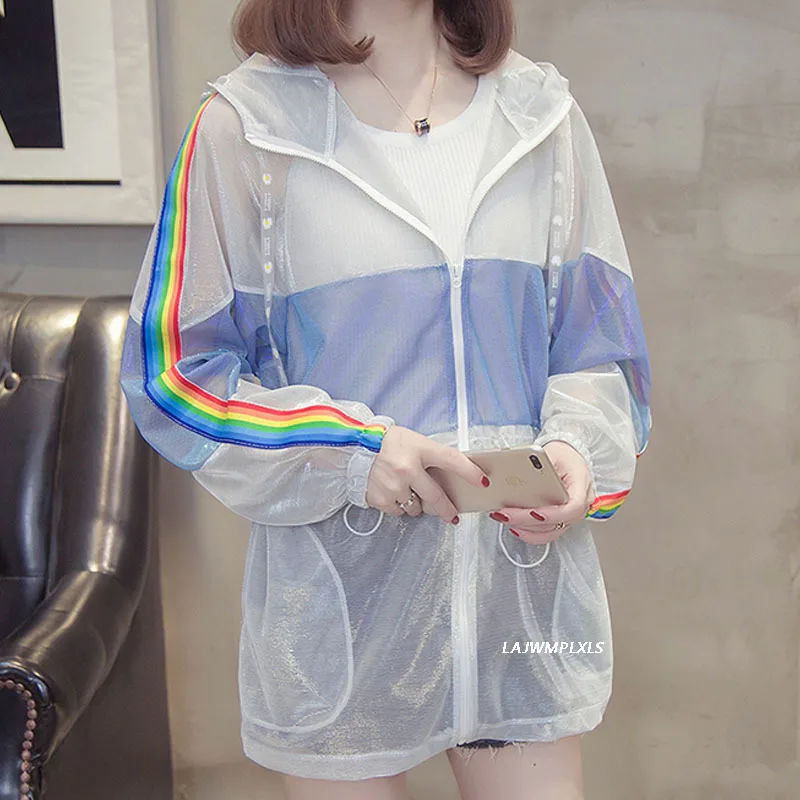 

Hit Color UV Clothes Transparent Long Sleeve Hooded Jacket Anti Ultraviolet Summer Beach Wear Drawstring Waist Sunscreen Coat