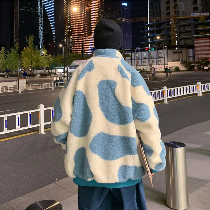 Milk Cow Pattern Fleece Jacket for Men  Winter Fashion Trend Warm Clothes Teenager Loose Fit Padded Coat Harajuku Streetwear