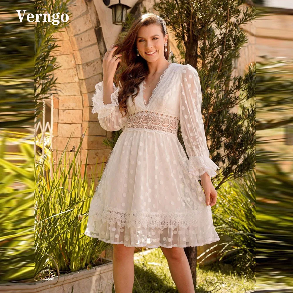 

Verngo Vintage A Line Polka Dotted Short Wedding Dresses Long Sleeves V Neck Lace Waist Above Knee Length Bridal Party Gowns