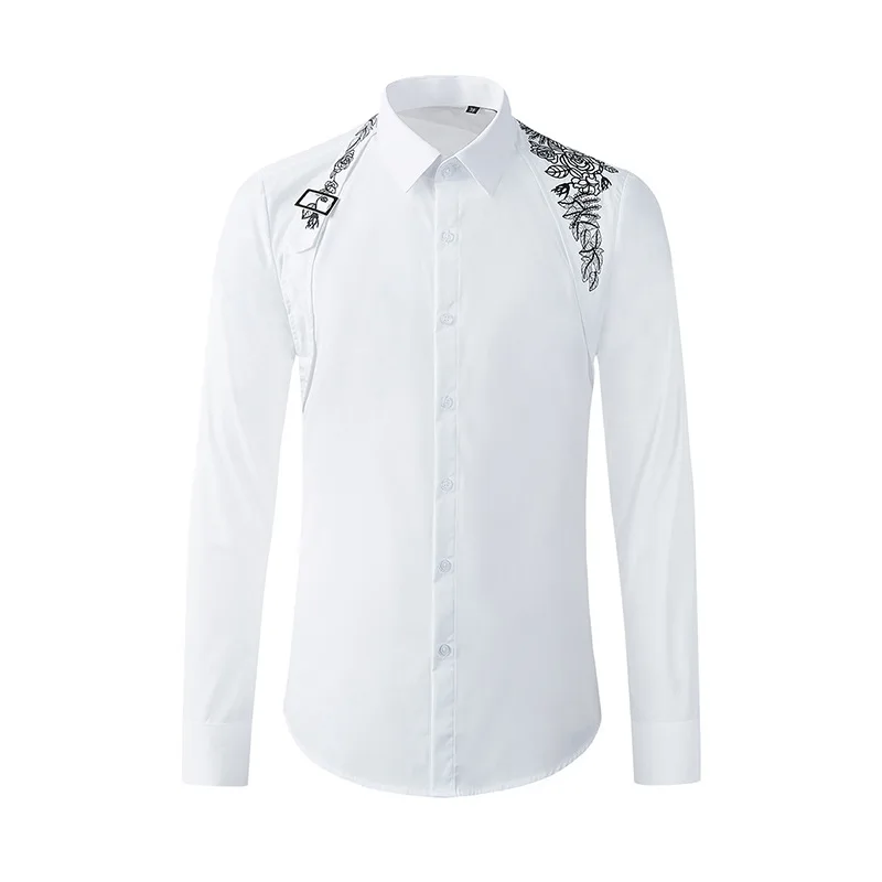

Shirt Ribbon Embroidery Men Long Sleeve High Quality Formal Dress Shirts Streetwear Chemise Homme Show Social Party Casual Tops