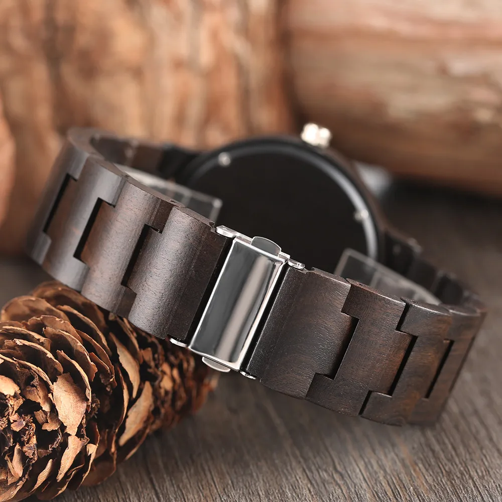 

Pure Ebony Wood Men Watch Quartz Wristwatch Natural Stylish Wooden Wristband Male Timepiece Folding Clasp Men's Watches reloj