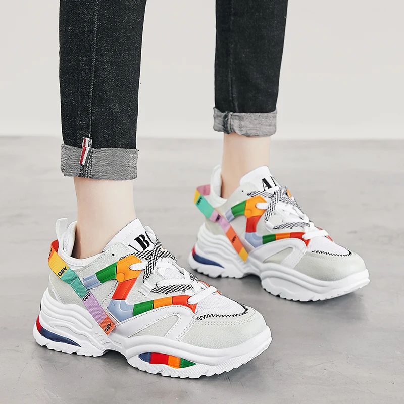 2019 весенние женские кроссовки на толстой подошве разноцветная обувь платформе с