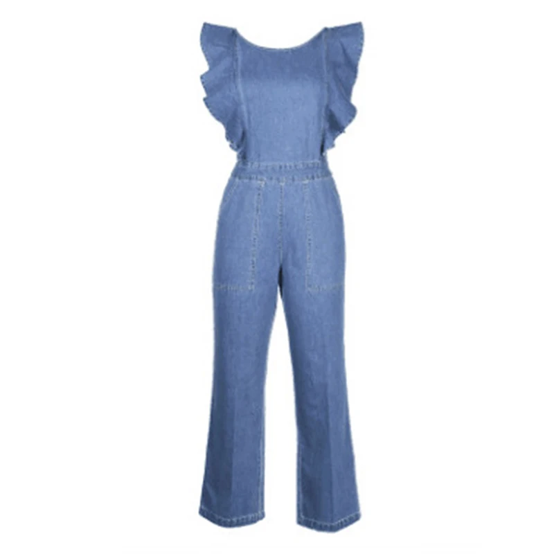 

SISPELL Back Hollow Out Jumpsuits For Female Square Collar Patchwork Ruffle High Waist Slimming Women's Denim Jumpsuits 2021