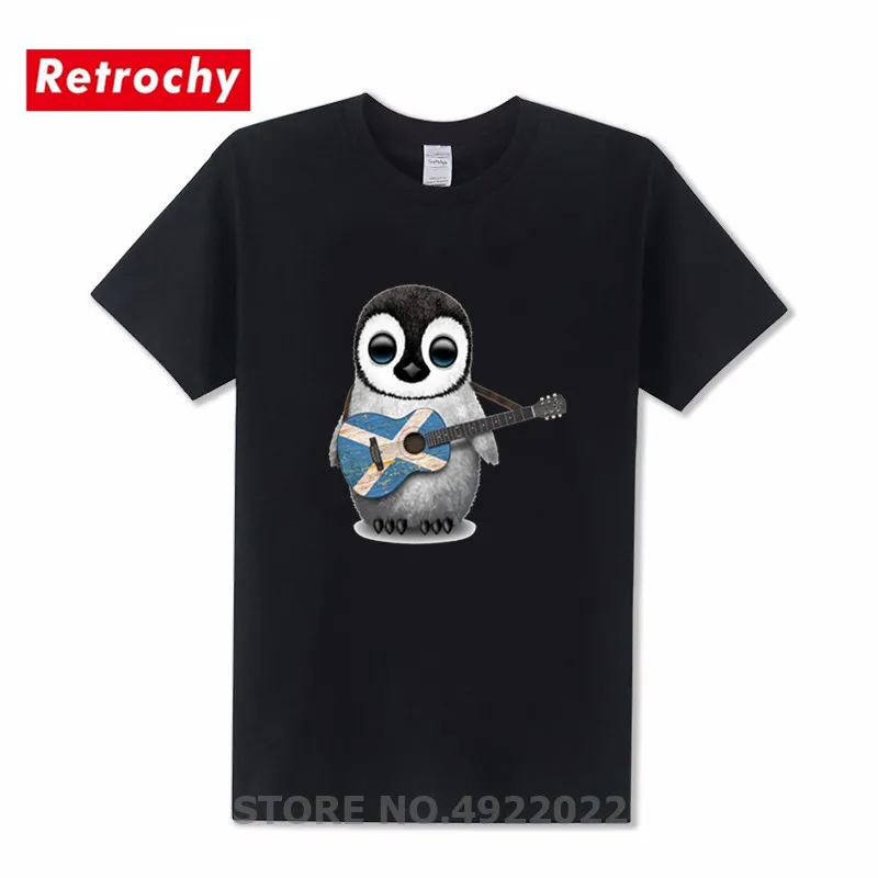 Funny Men's Hipster O-Neck T Shirt Cute Baby Penguin Playing Scottish Flag Guitar T-Shirt Summer Urban Trendy Brand Tshirt Homme | Мужская