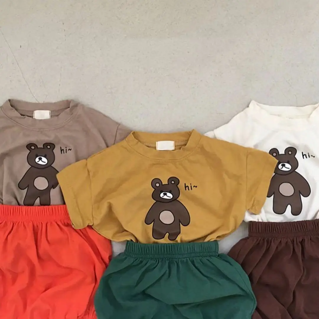 

2021 Summer New Toddler Baby Girl Cotton Cartoon Bear Printed Short Sleeve Tops +kid Boy Loose Solid PP Pant 2pcs Set