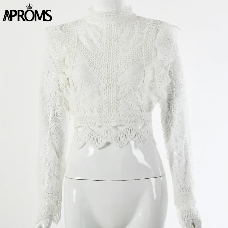 Aproms, винтажная женская футболка с кружевной отделкой, с вышивкой, элегантная, высокая горловина, длинный рукав, укороченный топ, женские вечерние футболки, открытая футболка