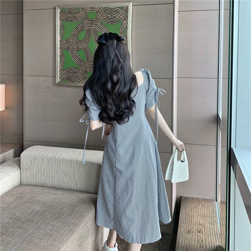 

Summer Women Small Checked Pattern One Piece Straight Dresses Fake Collar Puff Short Sleeve Calf Length Robe Plus Size Clothes