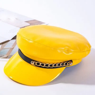 YELLOW Новые модные шапки в стиле милитари, высокое качество, женская шапка, одноцветная шапка с плоским верхом из искусственной кожи, женские осенние береты - Цвет: YELLOW