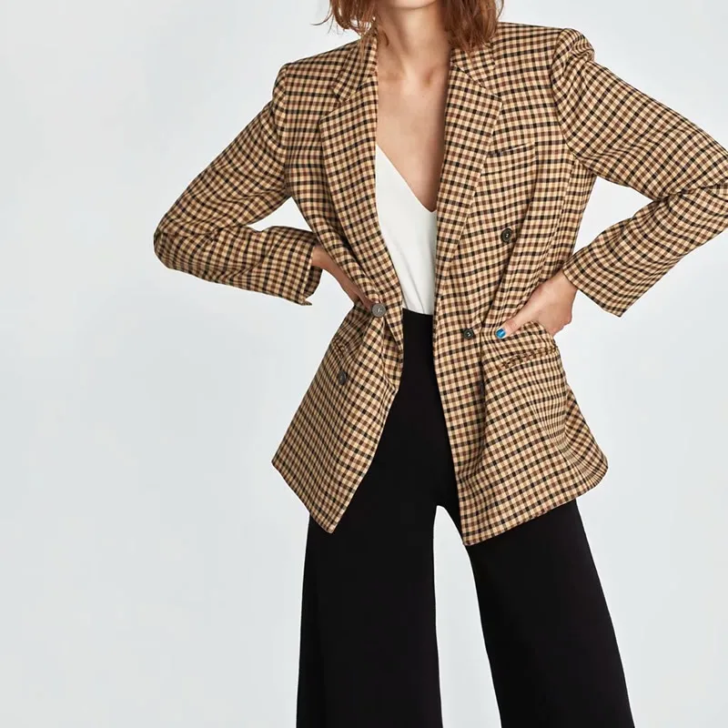 

Office Ladies Notched Collar Plaid Women Blazer Classic Double Breasted Autumn Winter Jacket 2021 Casual Female Suits Coat