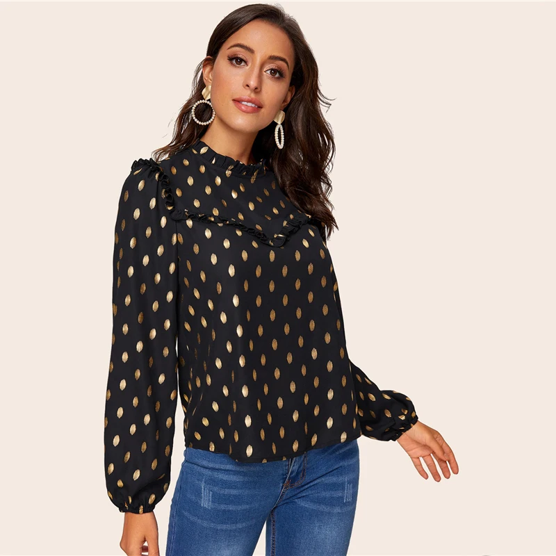 SHEIN черная блузка с оборкой и рукавом-фонариком, с золотым принтом в горошек, женская блузка, весенний сезон осень, со стоячим воротником, элегантные офисные женские блузки