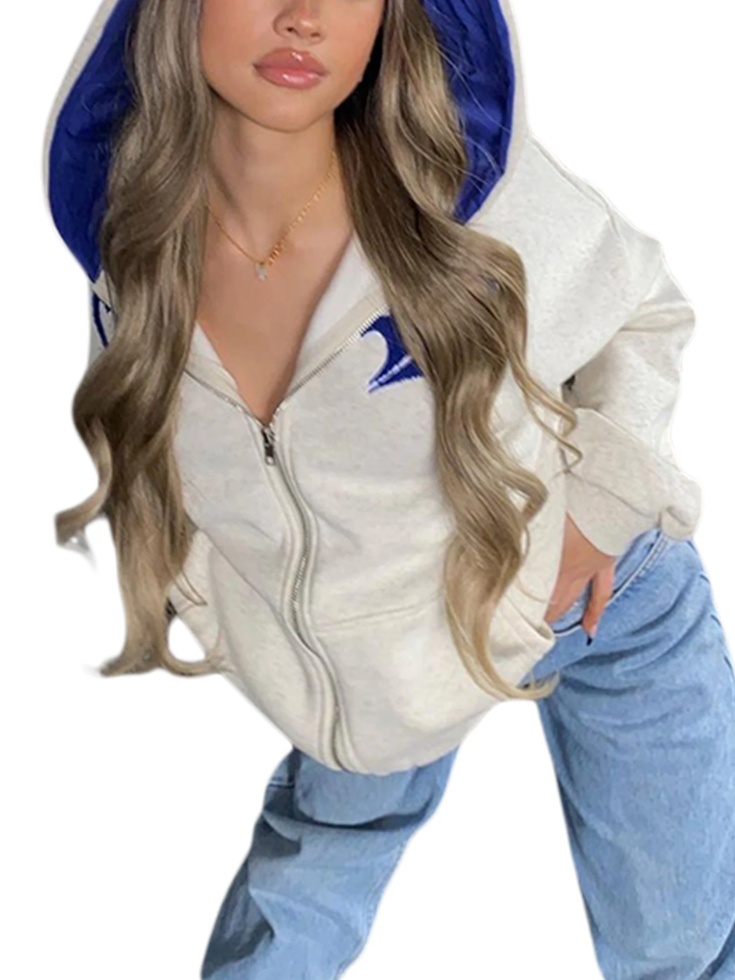 

Girls Long Sleeve Zipper Hoodies Autumn Ladies Leisure Style Color Matching Letter Pattern Hooded Tops Loose Coat with Pocket
