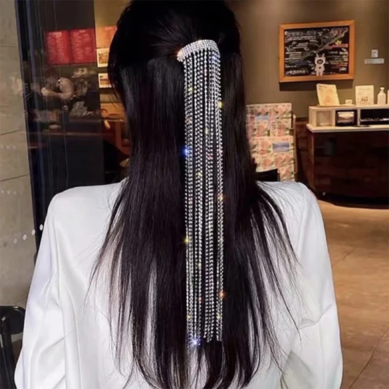 

Зажим для волос с блестящими кристаллами кисточками Стразы Длинная цепочка заколки для конского хвоста