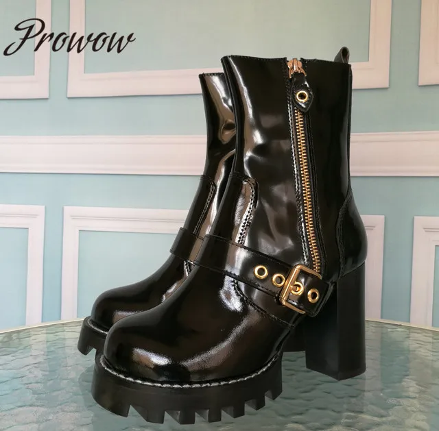 

Prowow Luxury Round Toe Sexy Platform Boots Chunky Heel Zip Side Winter Boots Shoes Women Zapatos Mujer