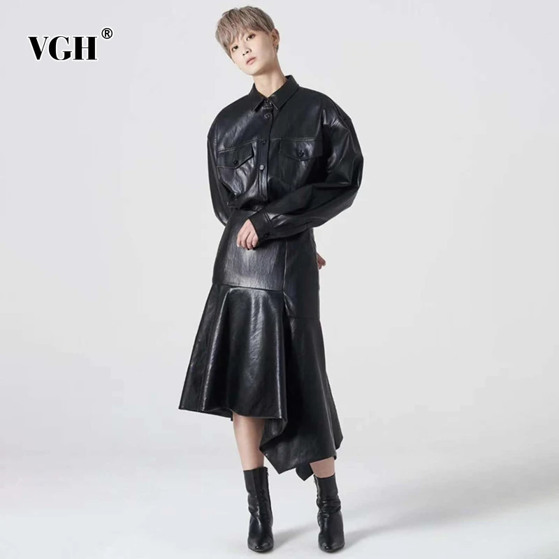 

VGH Solid PU Leather Two Piece Set For Women Lapel Long Sleeve Tops High Waist Patchwork Ruffle Midi Skirt Black Sets Female New