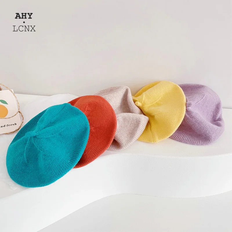 Модный детский вязаный берет шапка однотонные детские теплые шапки