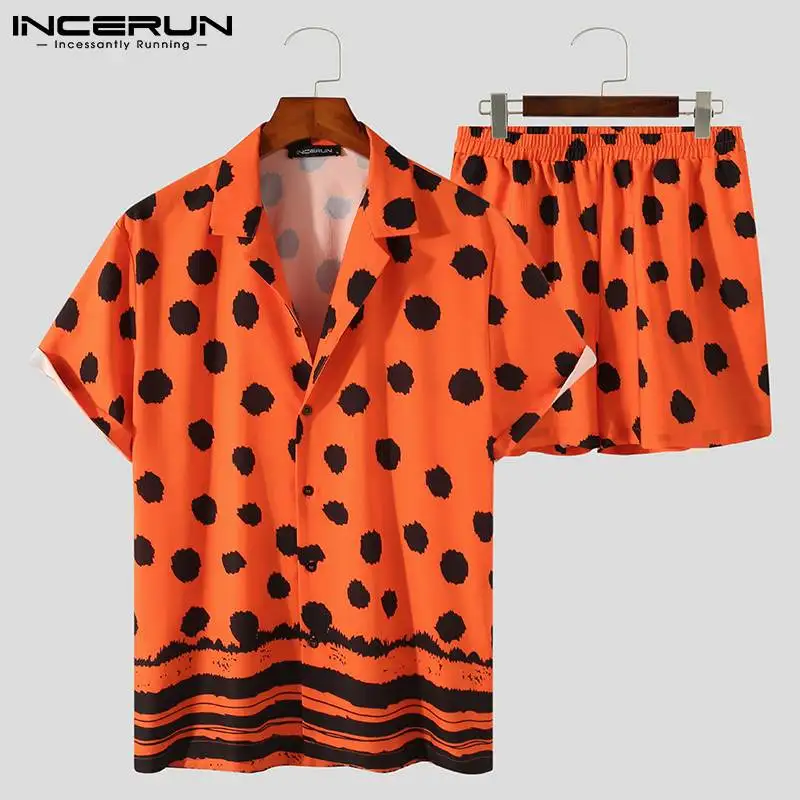 

INCERUN Summer Men Hawaiian Sets Polka Dot Printed Vacation Short Sleeve Shirt Beach Shorts Casual Mens Suit 2 Pieces Streetwear