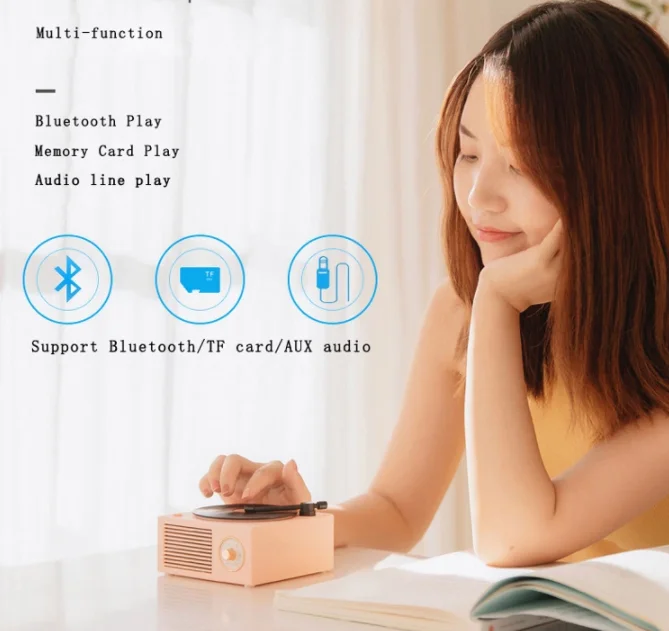 Music Box Type Built-in Bluetooth Stereo Wireless Vintage Retro Microphone Speaker HIFI Aux Support Portable Record Player Shape |