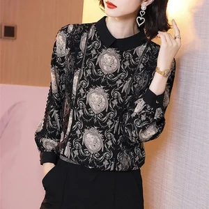 Женские весенне-осенние стильные элегантные женские блузки рубашки повседневные блузы с длинным рукавом и воротником-стойкой с принтом DF3952