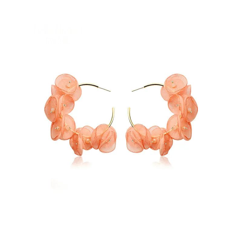 

Korean Sweet Chiffon Flower Earrings Female Temperament Long Petals Hoop Earring for Women Girls Exaggerated Jewelry Gifts