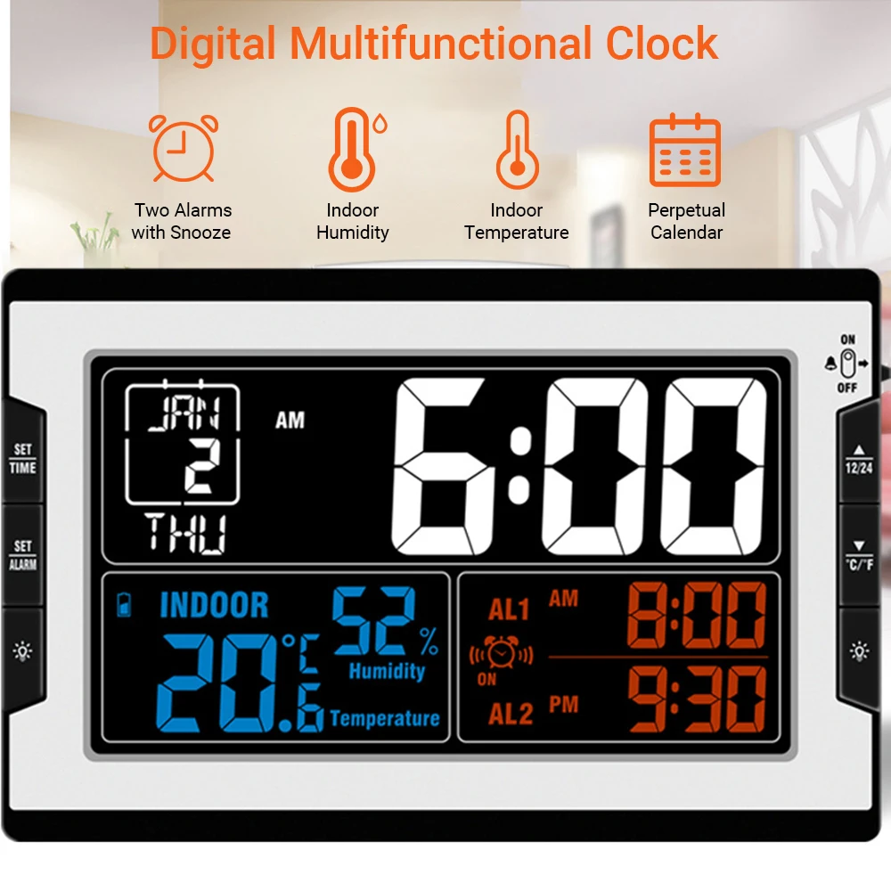 

Digital Clock with Indoor Temperature Humidity Thermo-Hygrometer Thermometer & Hygrometer Large Color Display with Backlight
