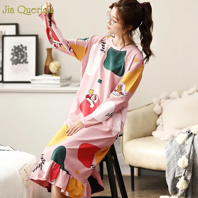 Ночная рубашка женская хлопковая с длинным рукавом и принтом свободный размер |