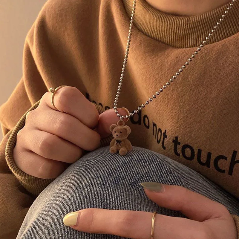 Teddy Bear Pendant Necklace for Girls Women Korean Fashion Kawaii Long Sweater neck Chain Necklaces Cute collar Jewelry | Украшения и