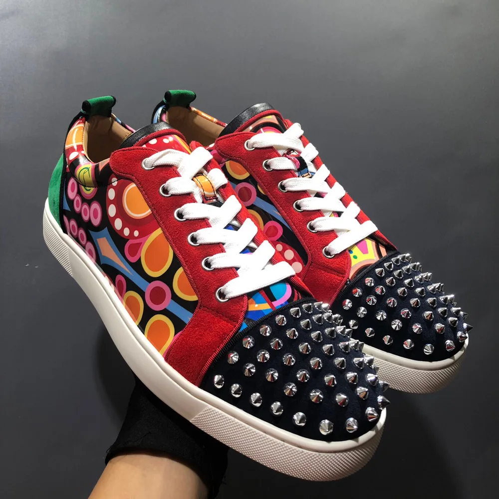 

Туфли мужские с низким верхом и красной подошвой, кожа, повседневные, без каблука, с принтом граффити, токап, с заклепками, роскошные