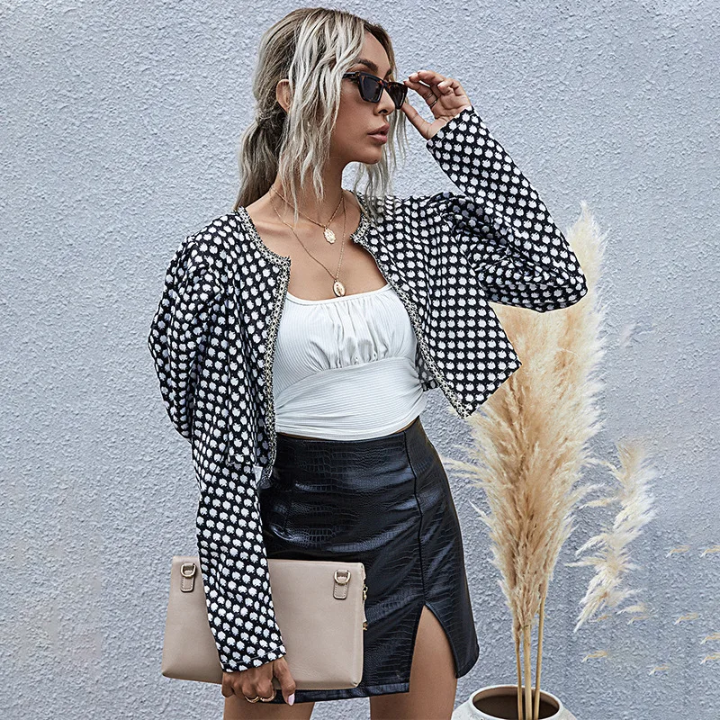 

Куртка Женская весенне-осенняя с круглым вырезом и пузырьковыми рукавами с принтом, новинка 2021