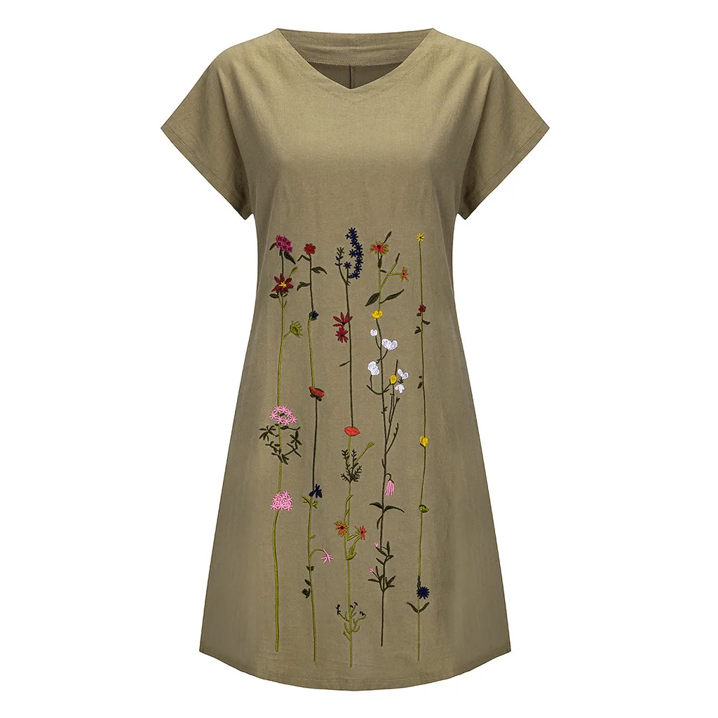 Женское льняное платье с вышивкой повседневное короткое коротким рукавом и