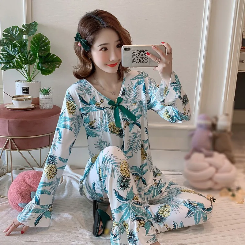 Осень 2019 женские пижамы наборы цветочный принт модный бант роскошный женский