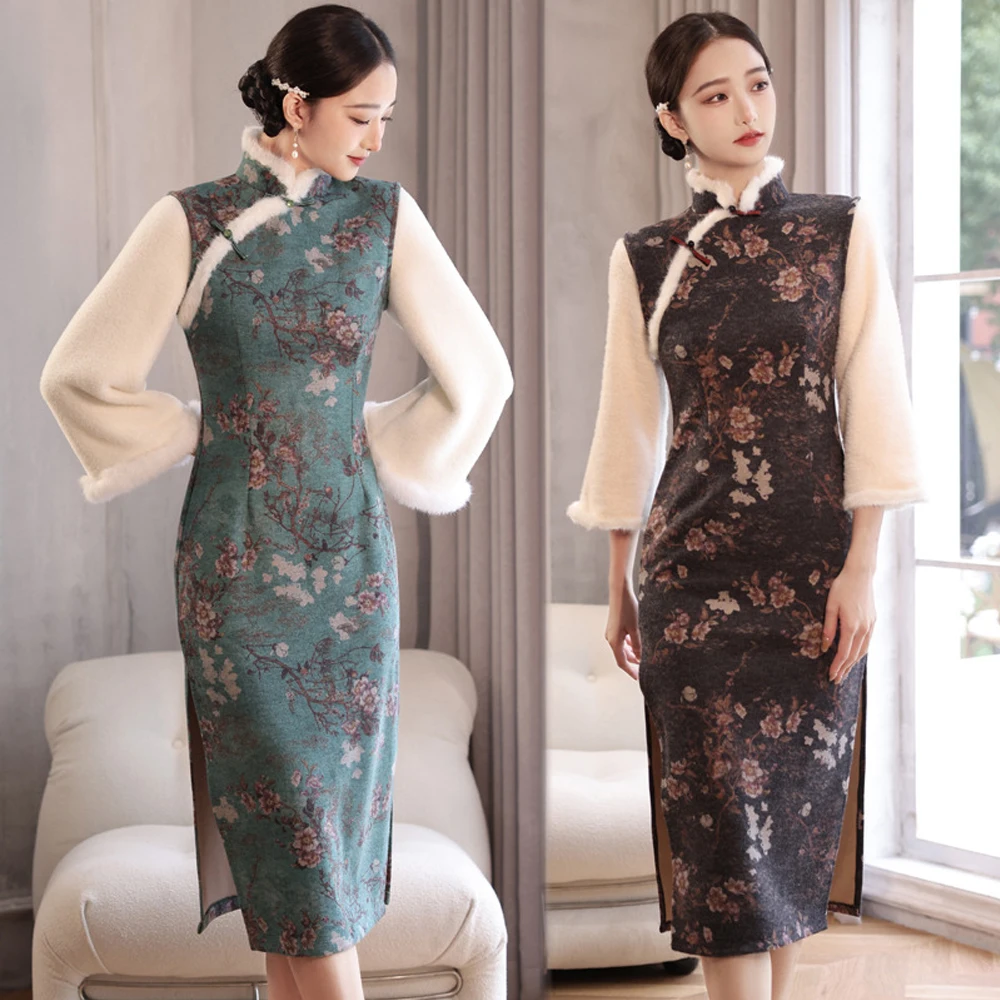 

Winter Cheongsam Clothing Young Models Cashmere Thickened Warmth Woman Qipao Chinese Traditional Clothing