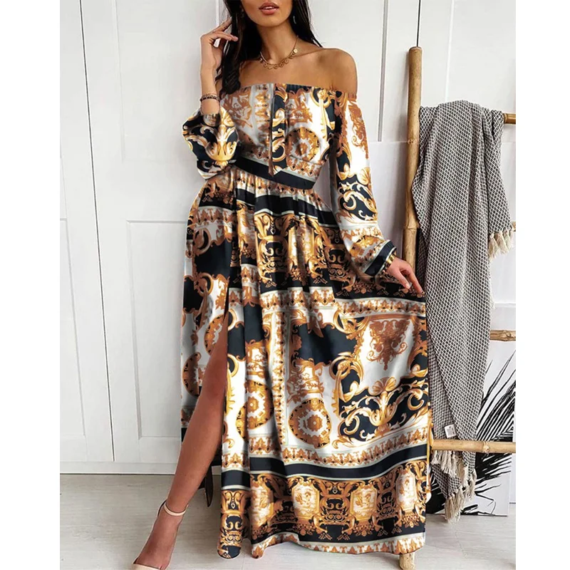 

Dress Women Boho Floral Summer Off Shoulder Colorful Slit Maxi Dress Sexy Long Sleeve Slash Neck A-Line Dresses Vestidos 2021