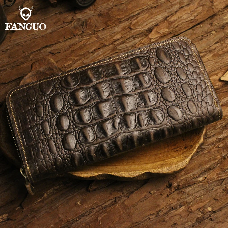 

Handmade Genuine Leather Men's Clutch Wallet With Crocodile Pattern Long Wallets With Zipper For Male Portable Storage Purse