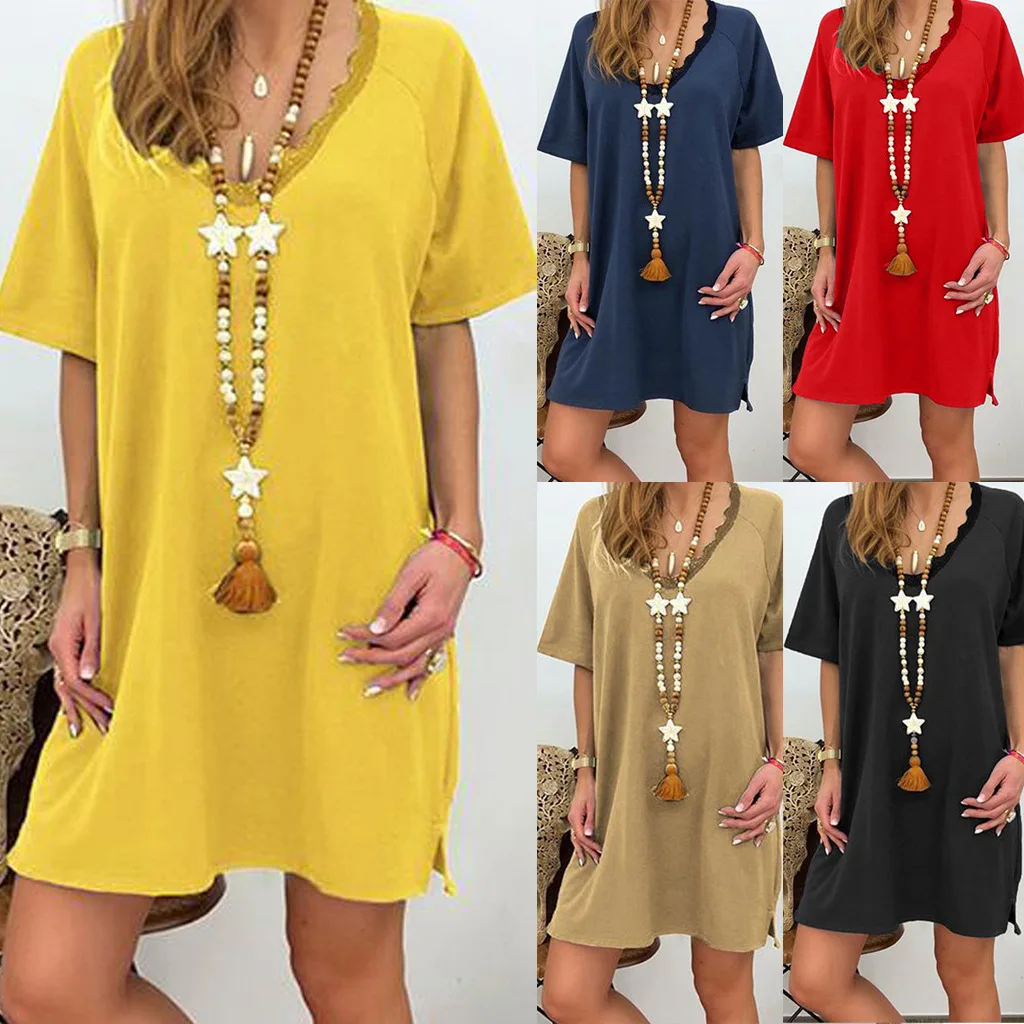 

Lugentolo Summer Dress Women Lace Edge V-neck Solid Color Casual Loose Dress Short Sleeve Simplicity Mini Dresses