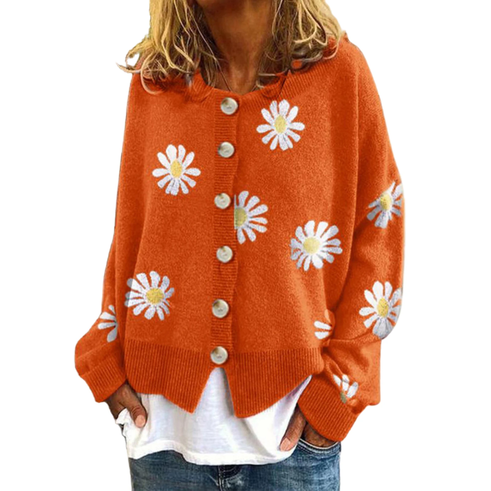 

Women Long Sleeve Marguerite Print Sweater Cardigan Autumn Knitted Jacket Coat