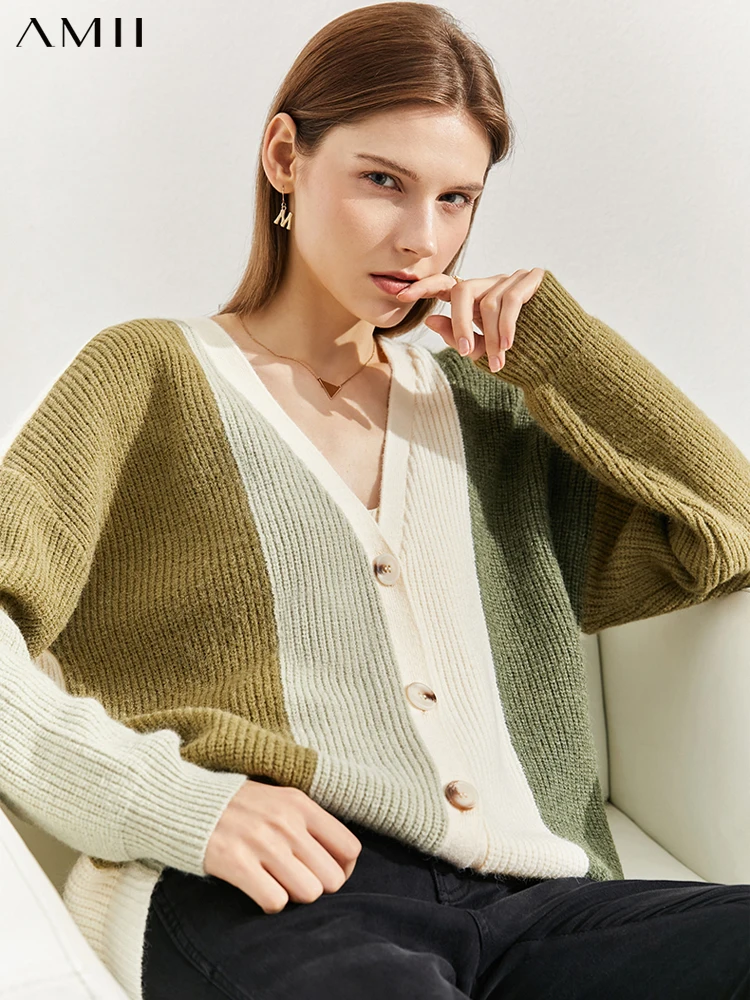 

Amii Minimalism Autumn Cardigan For Women Elegant V Neck Contrast Thicken Sweaters Casual Loose Female Knitted Tops 12140722
