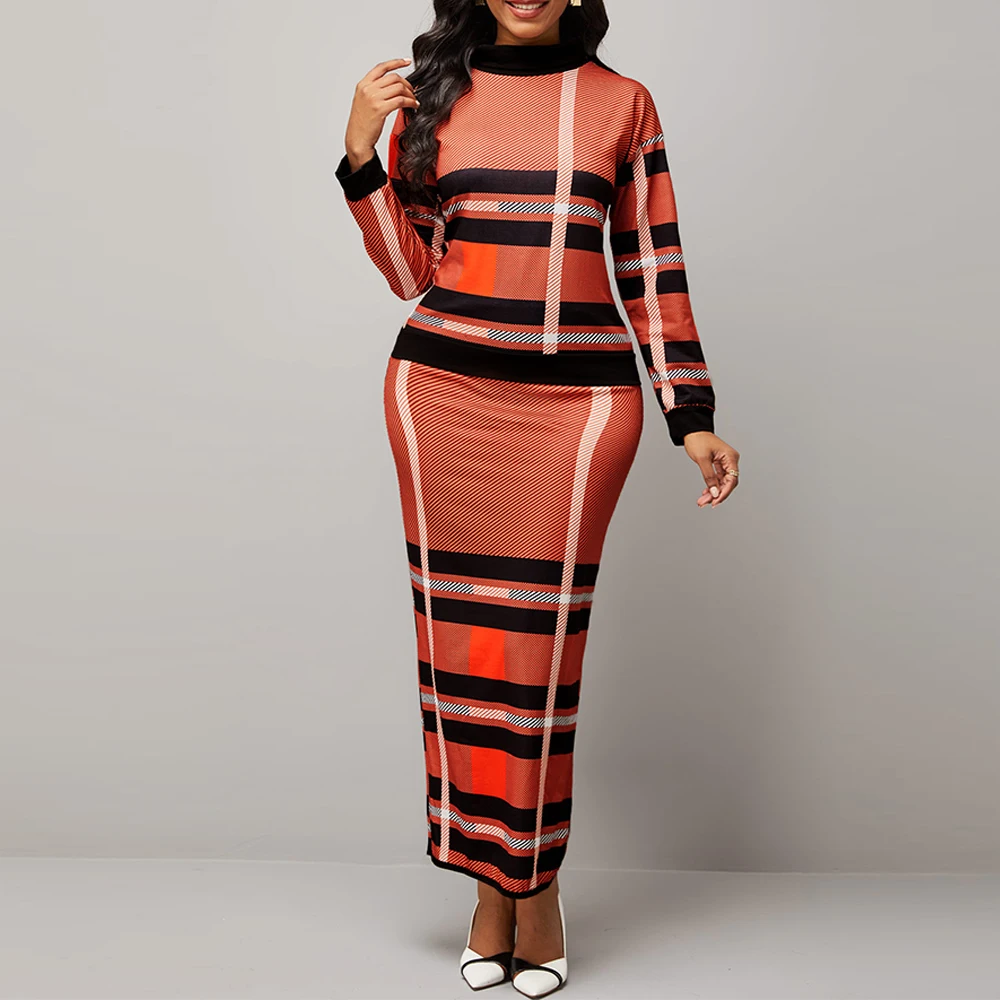 

MISSJOY Autumn Turtleneck Plaid Printed Kaftan Arabic Suit Vintage Caftan Fashion Striped Top and Skirt 2pcs Set Turkey Clothing