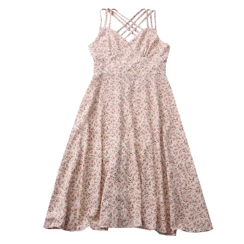 

2021 spring and summer new sexy versatile Floral Cross open back high waist slim suspender mid length dress for women