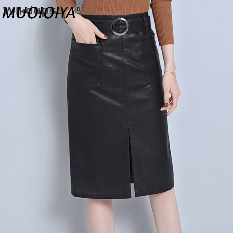 

Spring Autumn Fall Women High Quality Leather Skirts High Waist Pockets Belt Korean Design Skirt Female Office Midi Pencil Skirt